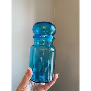 Vintage Belgium Blue Bubble Top Glass Apothecary Jar With Lid 7 Inches